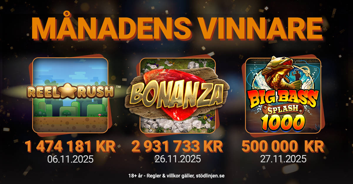 November månadens vinnare: Bonanza, Reel Rush och Big Bass Splash 1000.