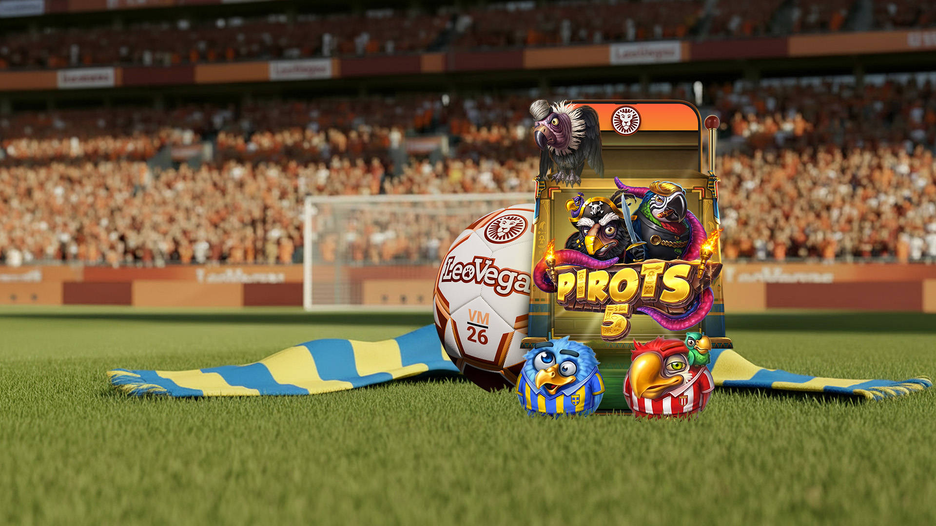 LeoVegas-fotboll med VM 26, blågul halsduk och Pirots 5-spelautomat med fåglar på en fotbollsplan.