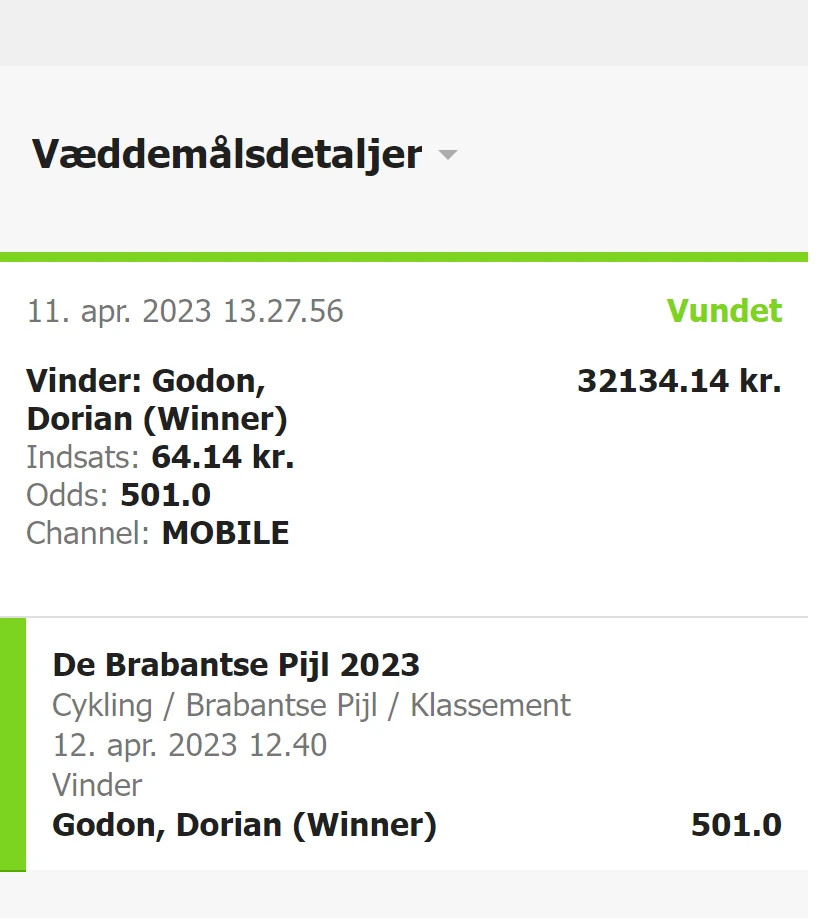 Skærmbillede af vundet sportsvæddemål på Dorian Godon til odds 501 med gevinst på 32.134 kr.