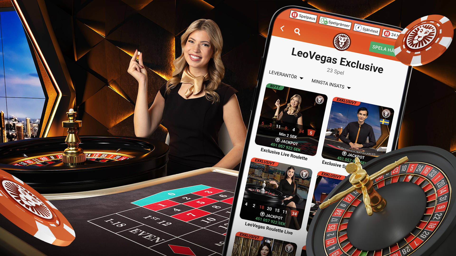 LeoVegas Exklusiva Live Casino spel på en mobilskärm med en kvinna vid ett roulettebord