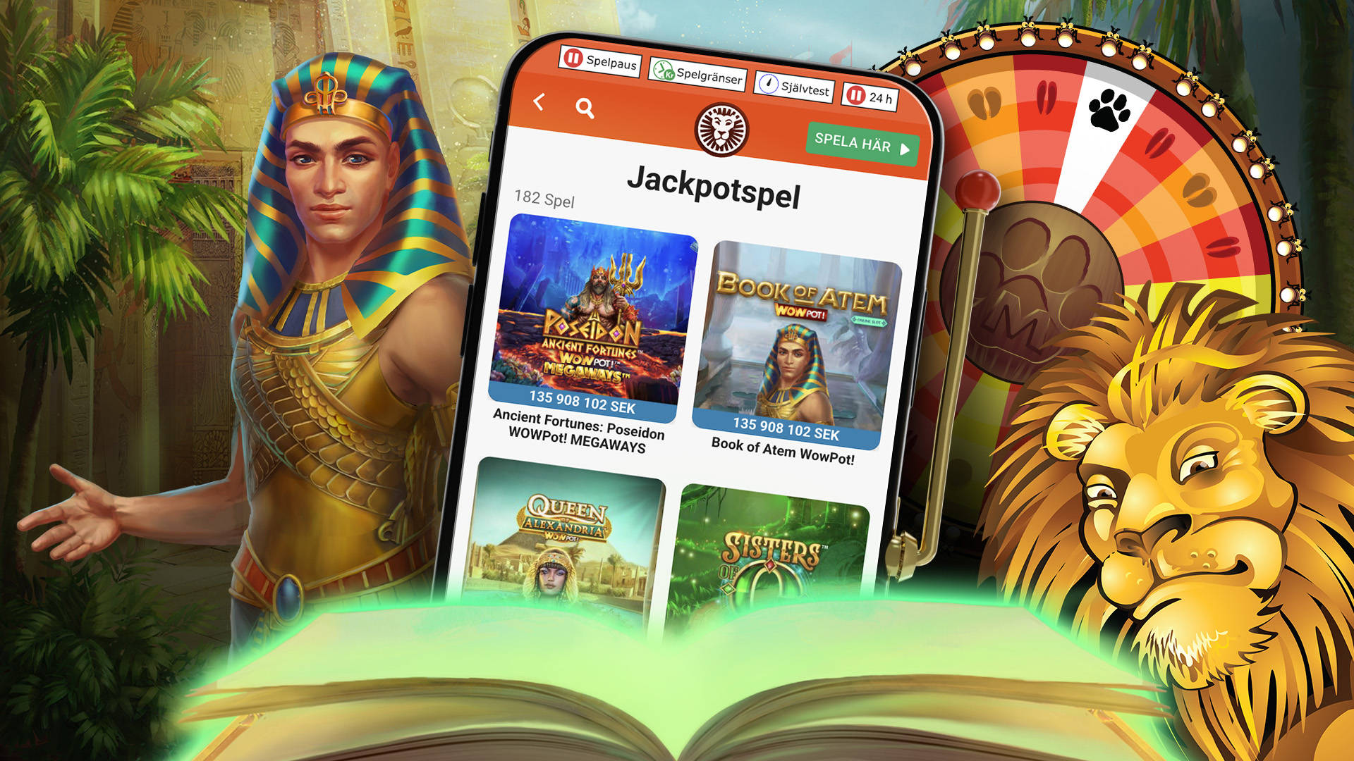 Skärmdump av mobilapp med Jackpotspel, inklusive Ancient Fortunes: Poseidon och Book of Atem WowPot!.