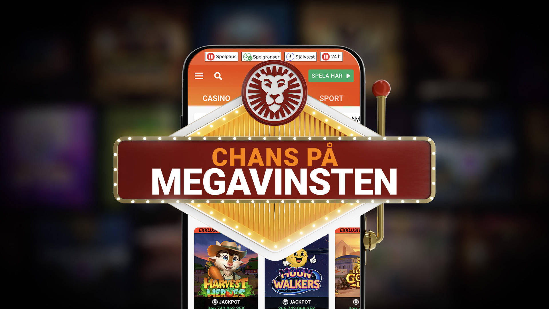 [Mobil med texten 'Chans på megavinsten' och ikoner för Casino och Sport.