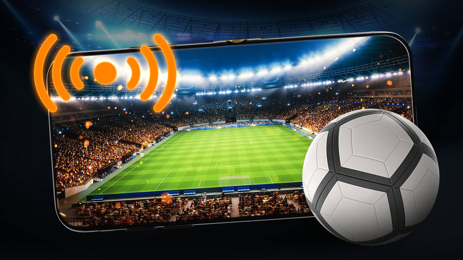 Fotbollsmatch på mobilskärm med fotboll och orange signalikon.