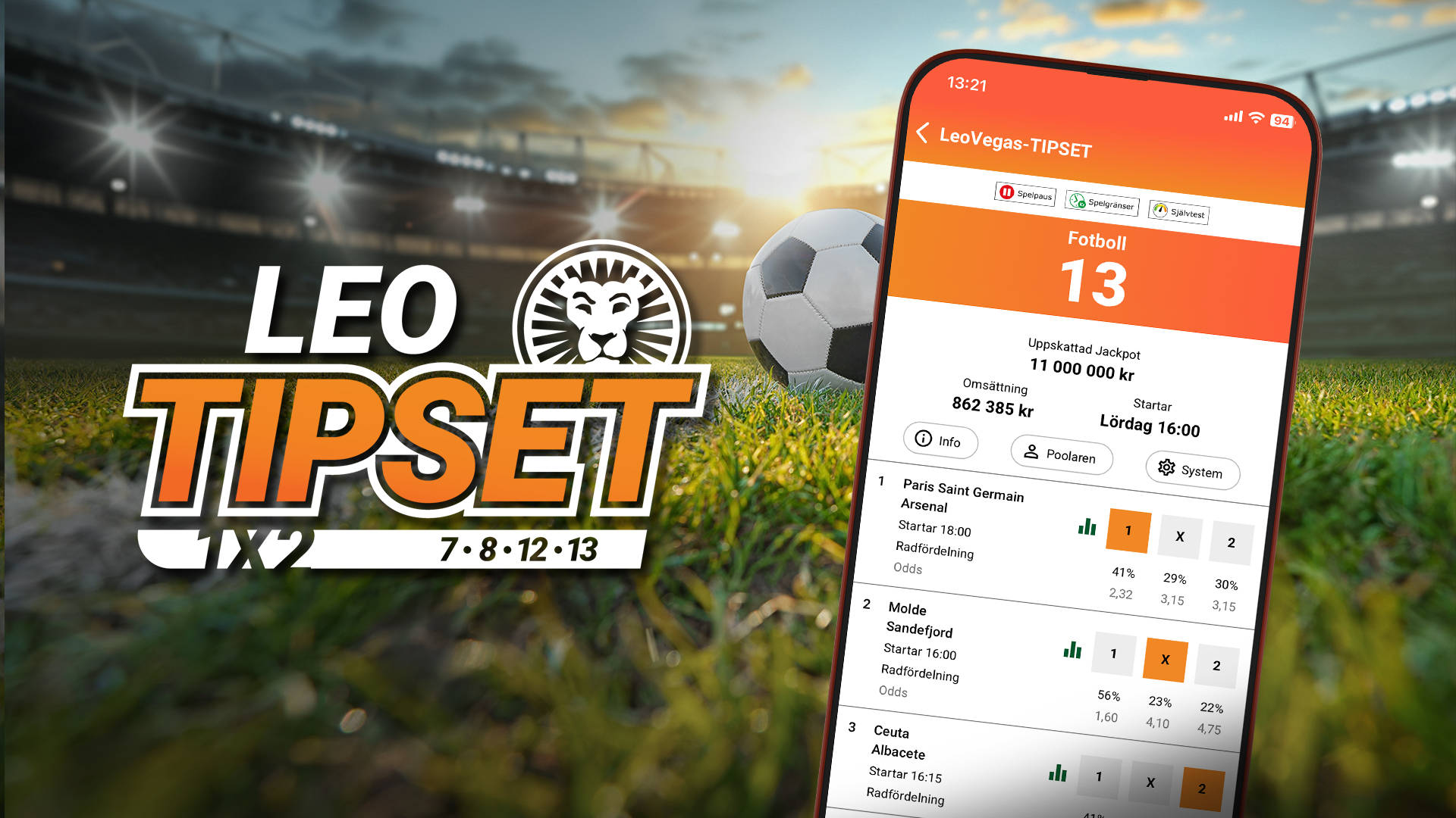 Leo Tipset-kampanj med fotboll och mobilapp som visar aktuella omgångar.