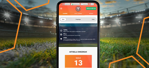 Mobilskärm visar sportspel med texten 'SPELA HÄR' och 'Aktuella omgångar MAX 13'