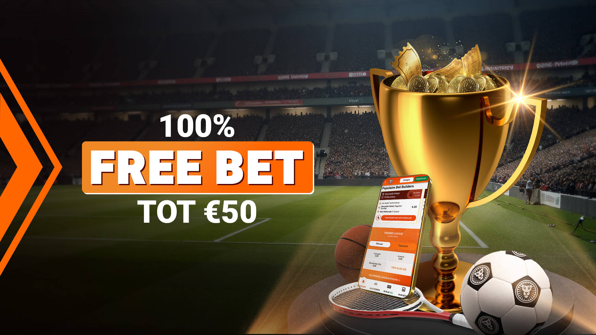 100% Free Bet tot €50 promotie met een Bet Builder app op een telefoon en een trofee op de achtergrond.