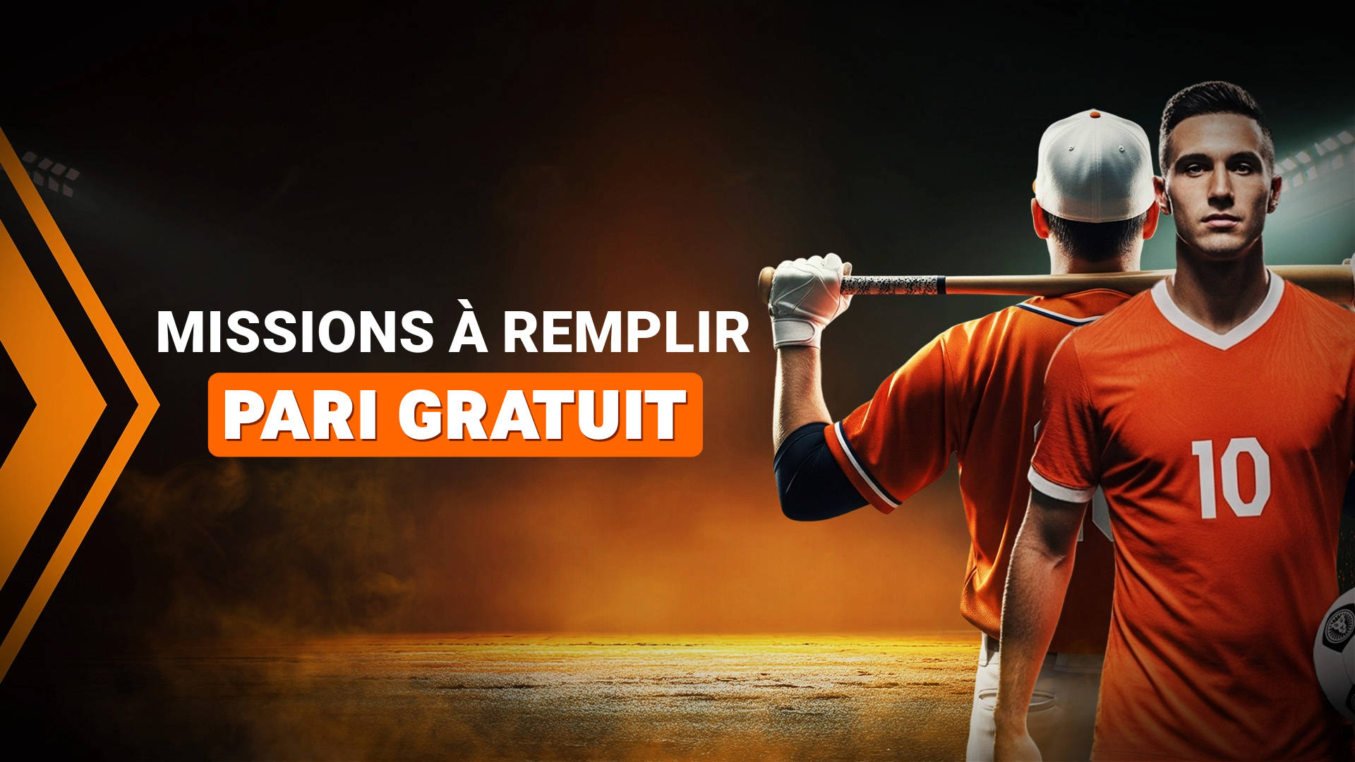 Deux athlètes, joueurs de baseball et de soccer, avec le texte "Missions à remplir" et "Pari Gratuit".