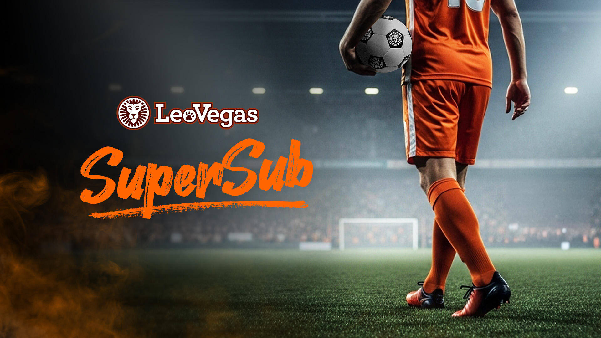 Football player holding a ball on a field with LeoVegas SuperSub text.