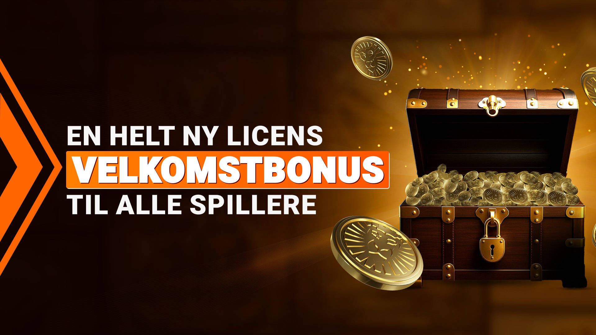 En skattekiste fyldt med guldmønter, der viser "100%" indeni, ved siden af teksten "EN HELT NY LICENS".