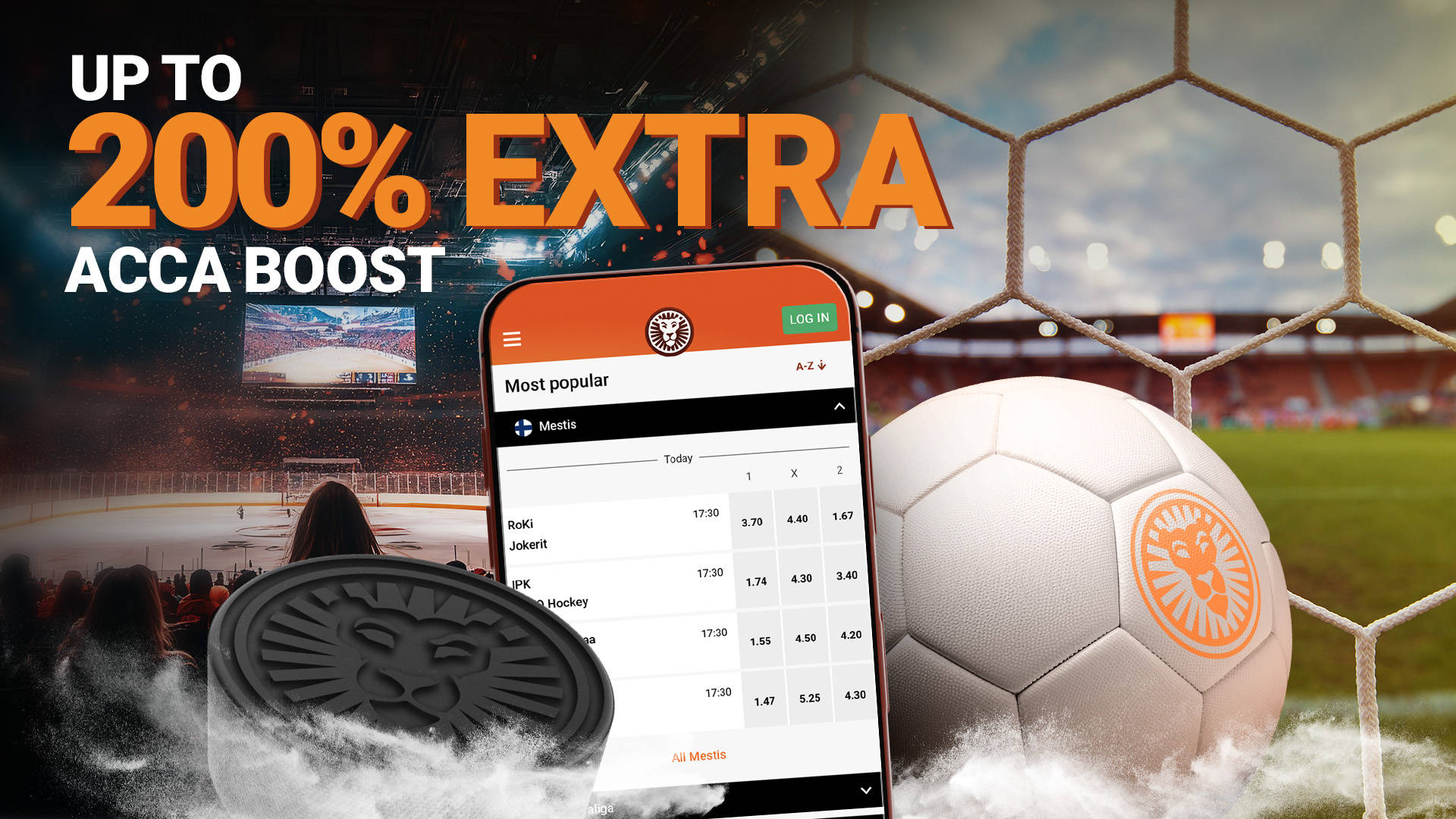 Up to 200% Extra Acca Boost promotion with a mobile app showing hockey game odds and a football in a net.