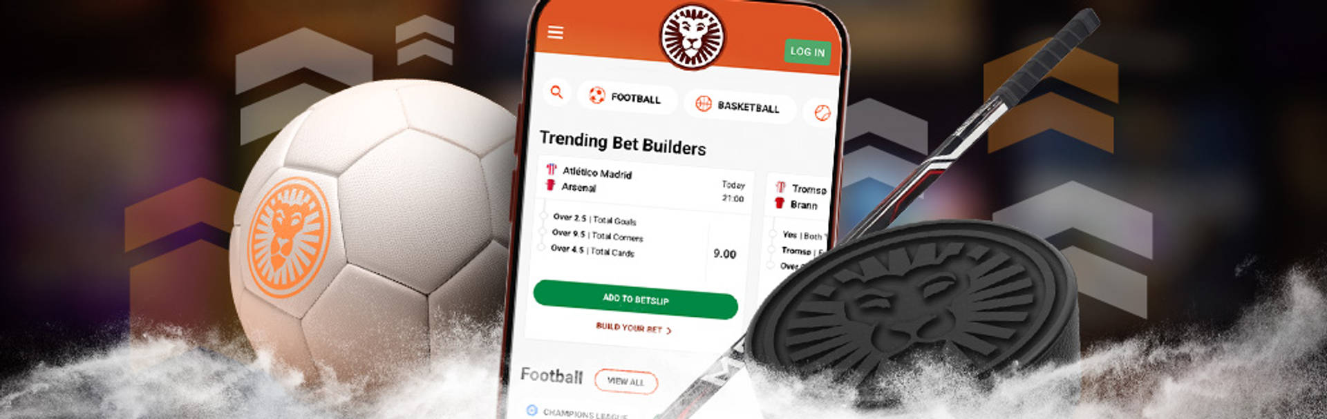 Sports betting app interface on a mobile phone with a football and hockey puck.