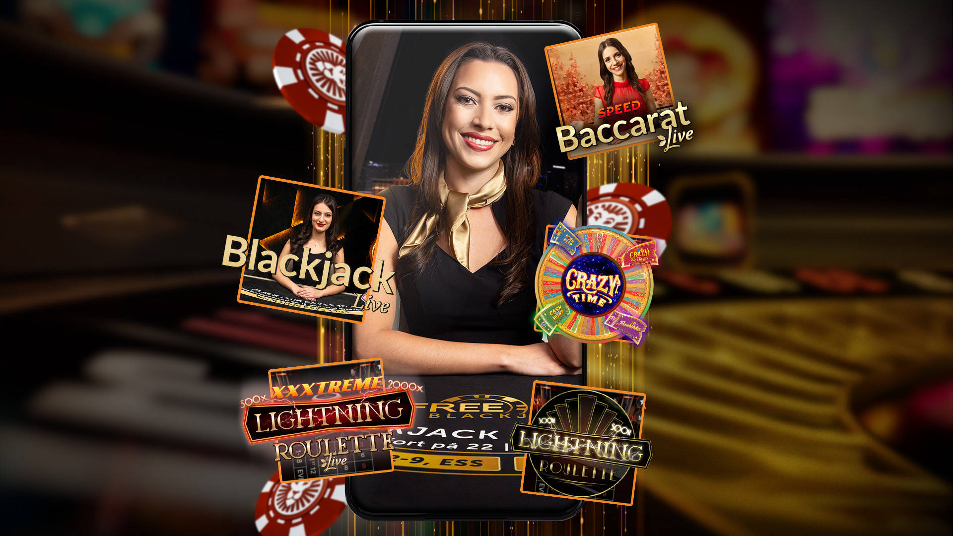 Kasinopelejä esittelevä kuva, jossa blackjack, baccarat, Crazy Time ja Lightning Roulette.