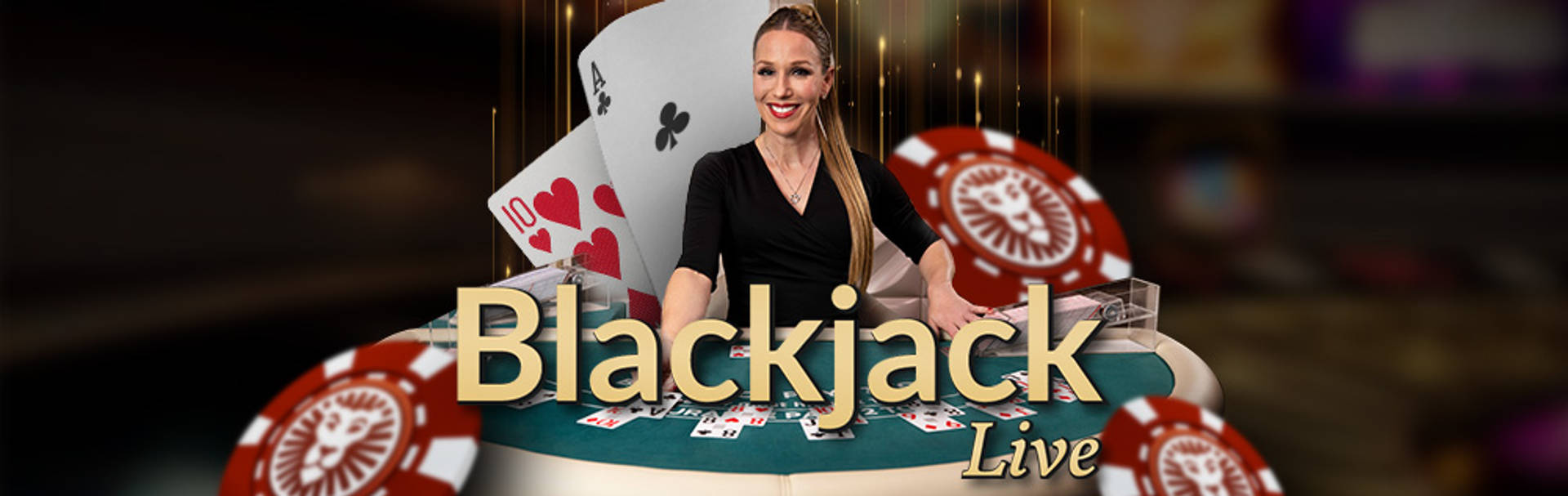 Blackjack Live game with a dealer, cards, and casino chips.