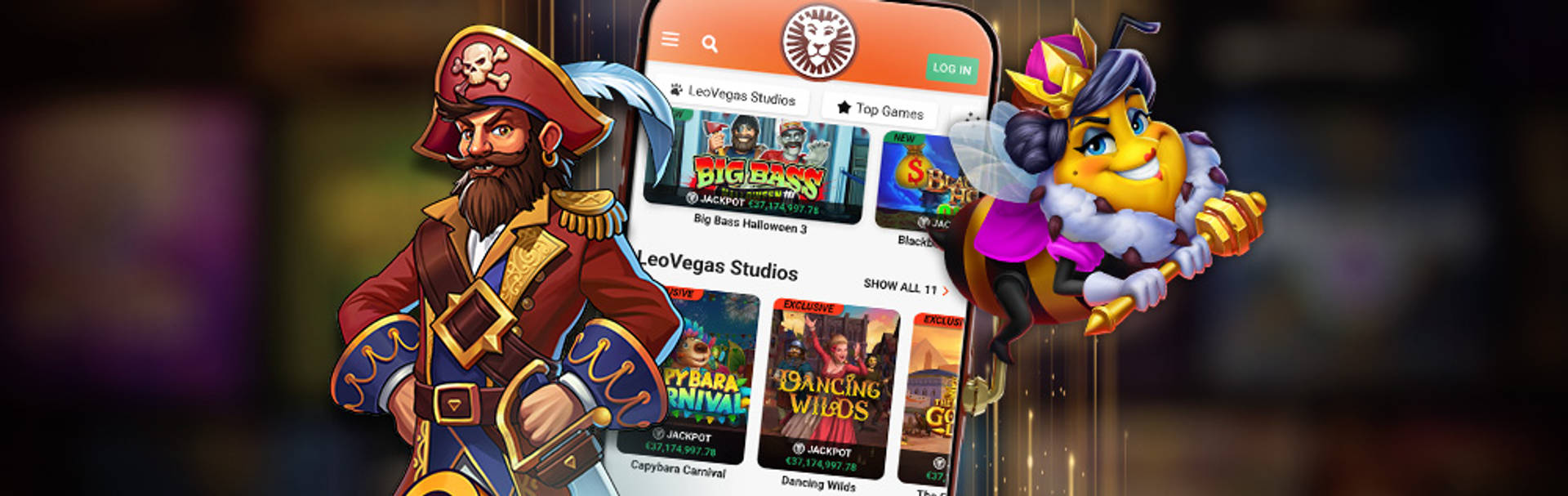 Mobile phone displaying casino games, with cartoon pirate and bee characters.
