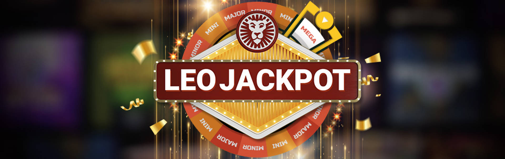 LeoJackpot promotional image with a spinning wheel and confetti.