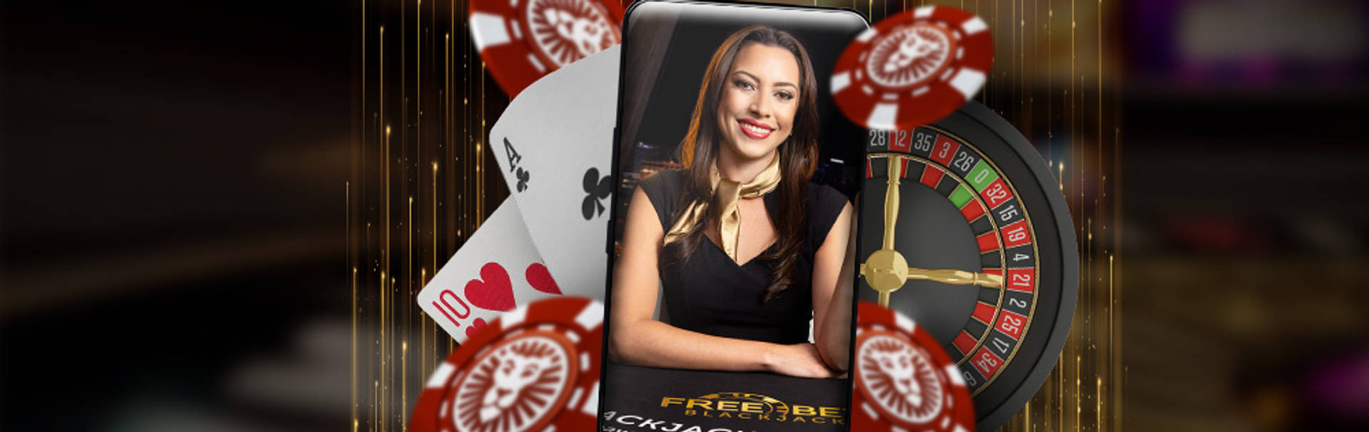 Image of a casino dealer with playing cards, roulette wheel, and casino chips.