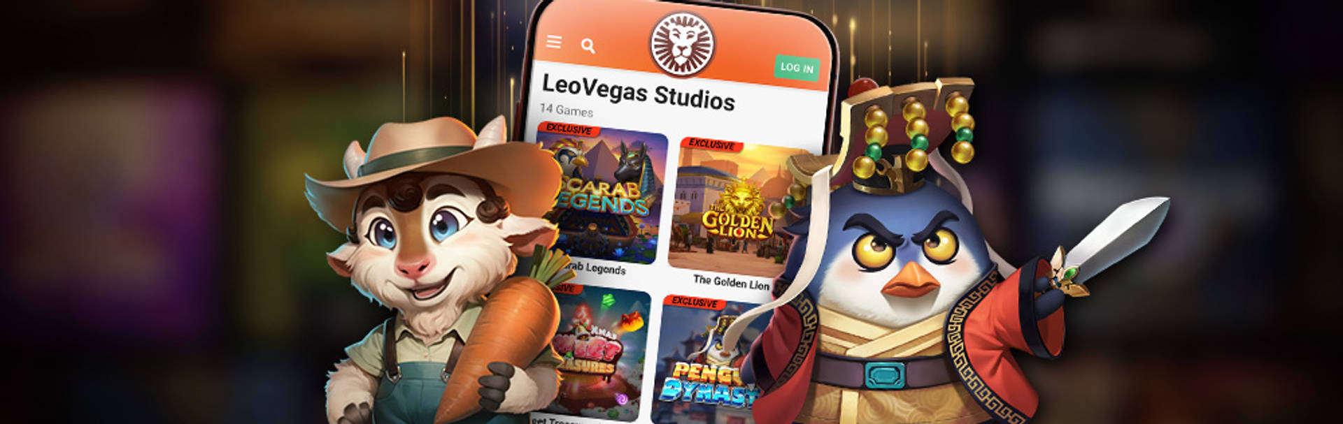 LeoVegas Studios app on a phone with cartoon characters.