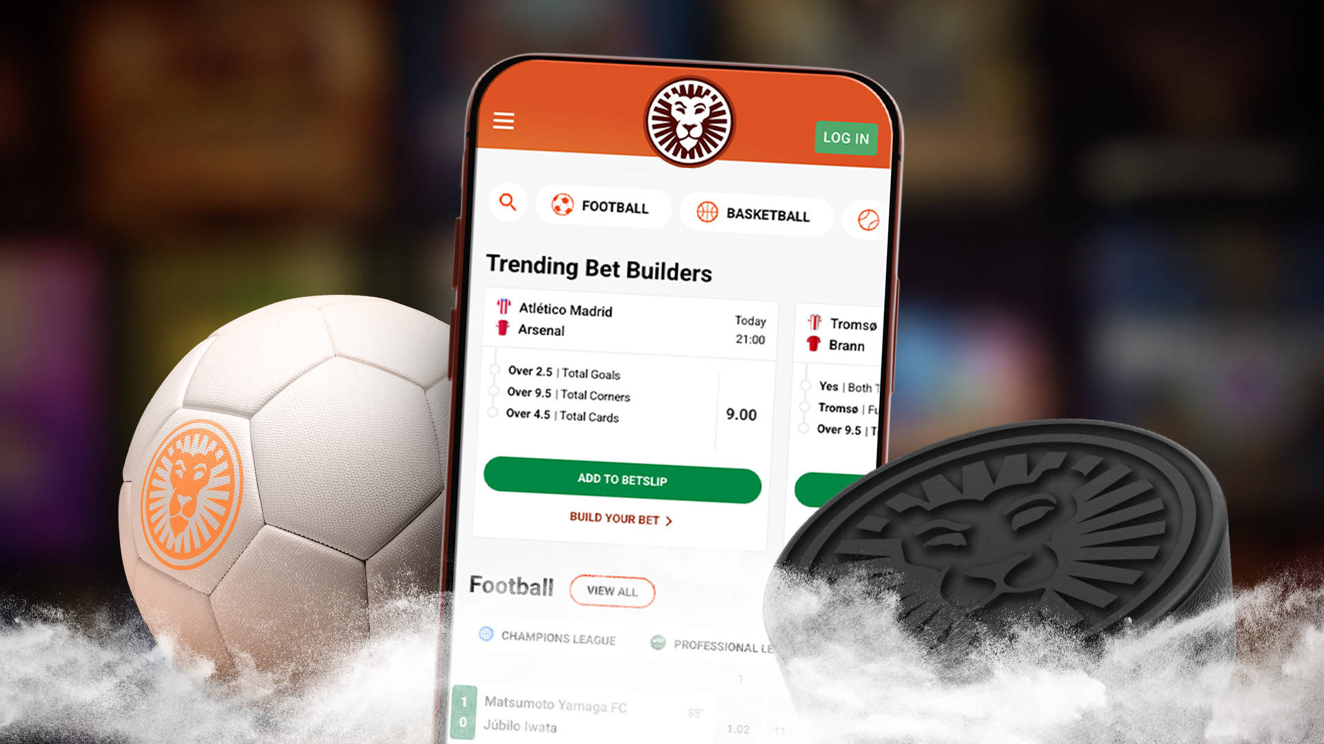 Betting app interface showing odds for ice hockey games, with a football and hockey puck.