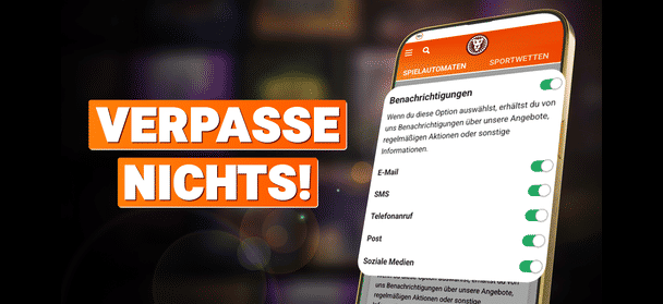Smartphone mit aktivierten Benachrichtigungseinstellungen für E-Mail, SMS, Telefonanruf, Post und Soziale Medien. Text: "VERPASSE NICHTS!"
