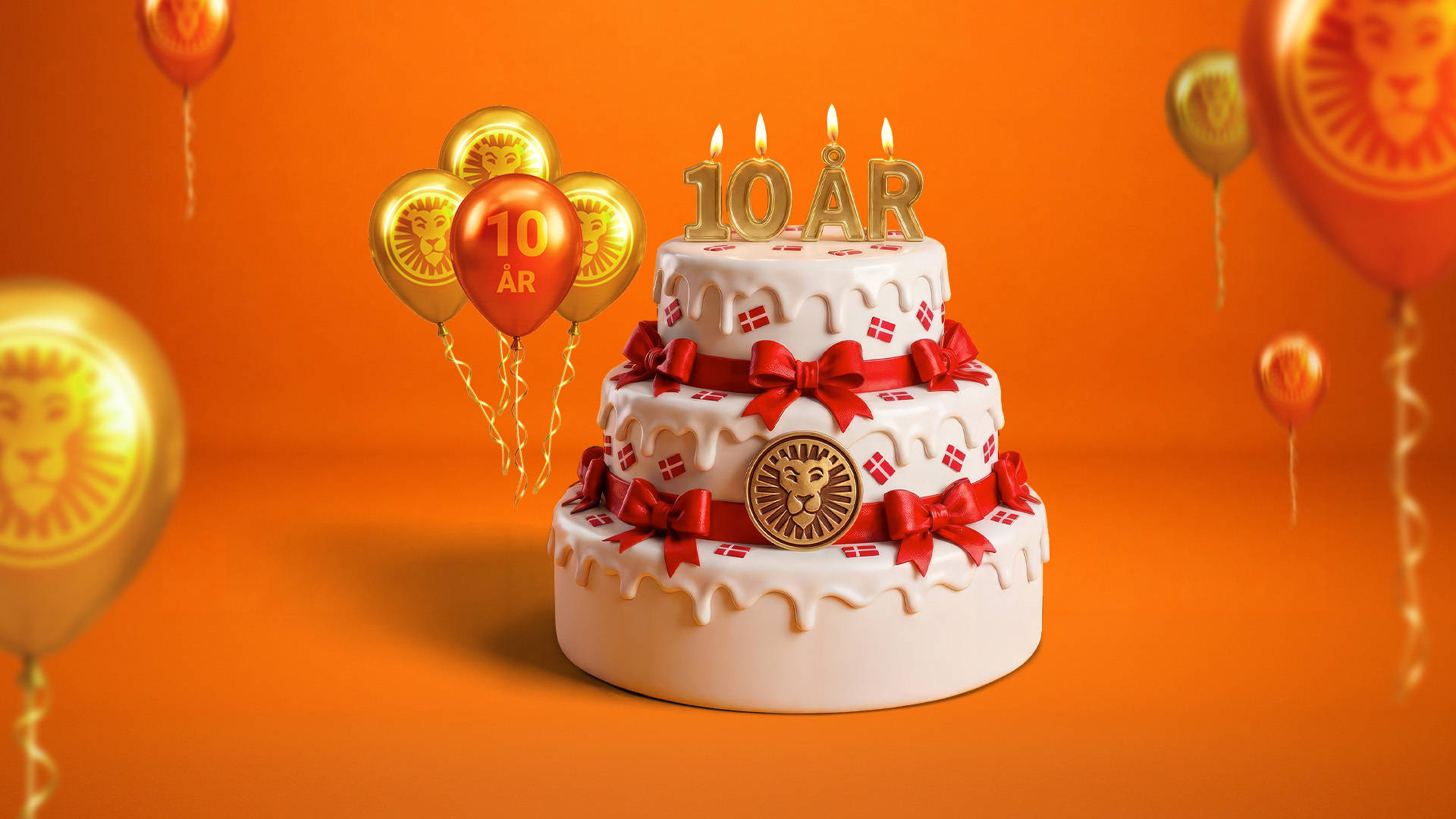 Fødselsdagskage 10 år. Balloner og lys på orange baggrund.