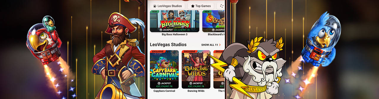 Leijonalogo, kolikkopeli ja jalokiviä oranssilla taustalla.