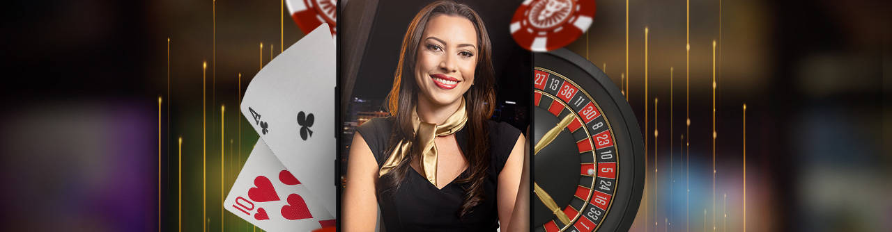 Livekasino-teemainen kuva, jossa on pelinhoitaja, ruletti, noppa ja kultakolikoita oranssilla taustalla.