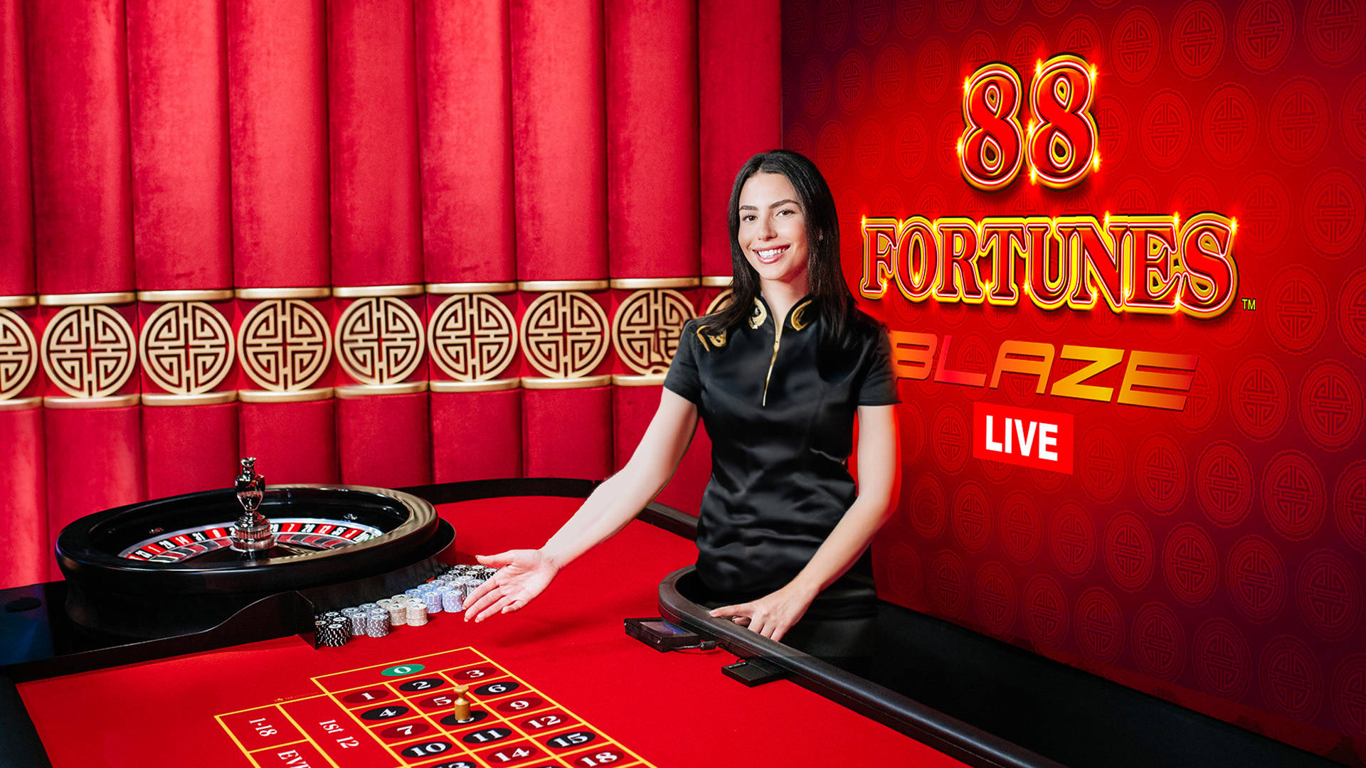 Live casinobord med dealer, roulettehjul og "88 Fortunes Blaze Live" logo.