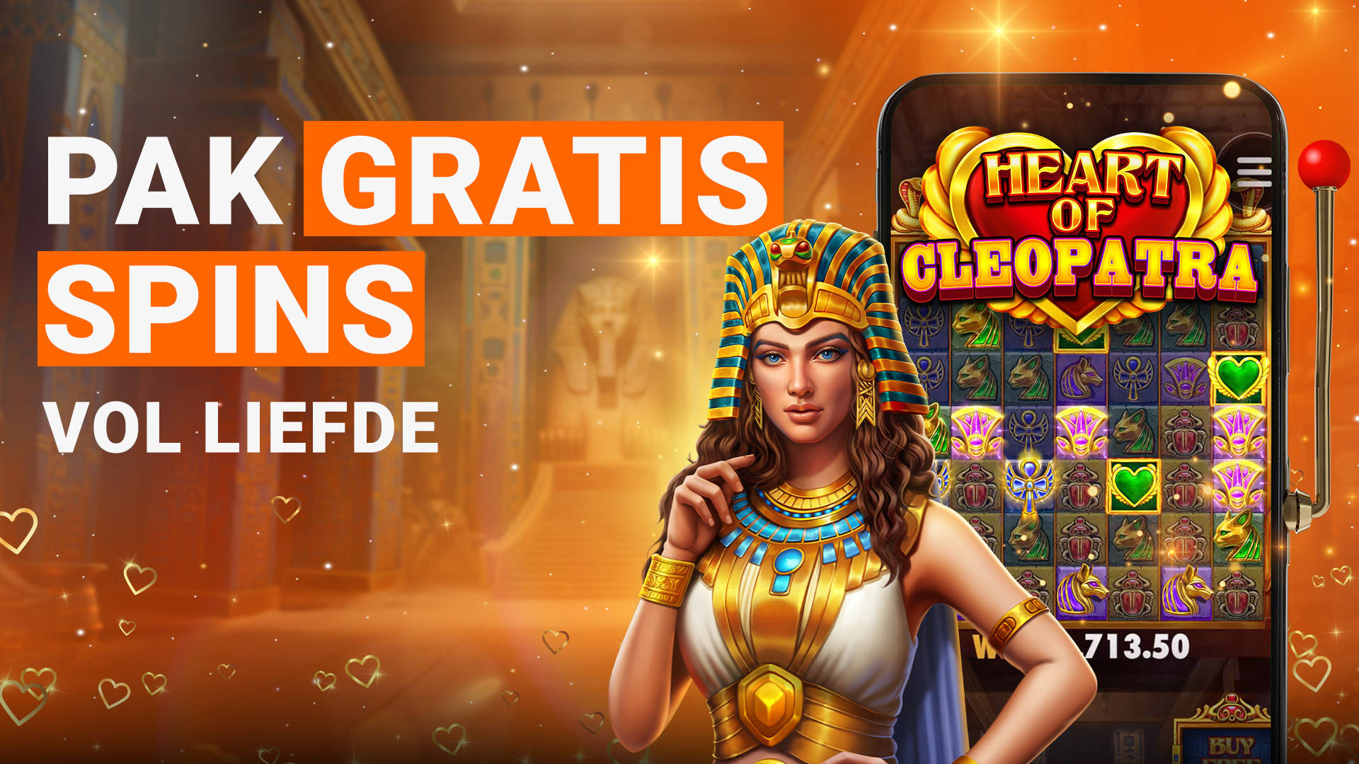 Pak Free Spins promotie met Cleopatra thema slot game op een mobiele telefoon.