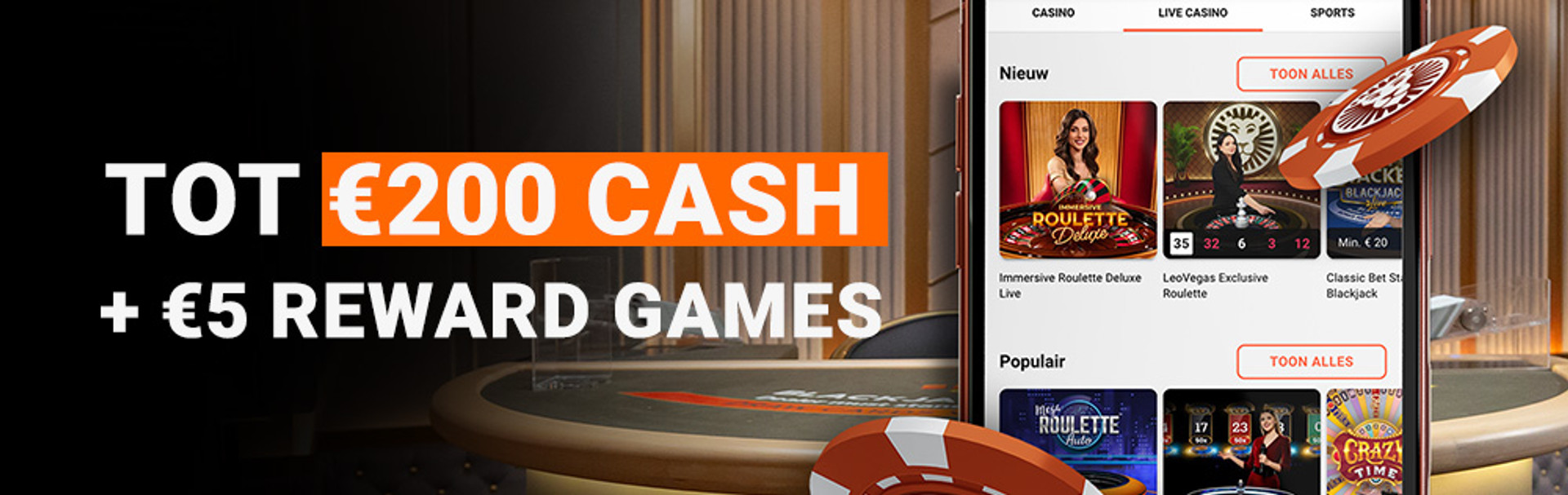 Tot €200 CASH + €5 Reward Games op een telefoon met Casino, Live Casino en Sports secties.
