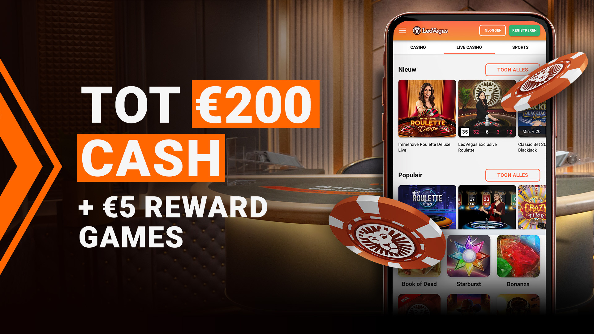 Tot €200 CASH + €5 Reward Games op een telefoon met Casino, Live Casino en Sports secties.