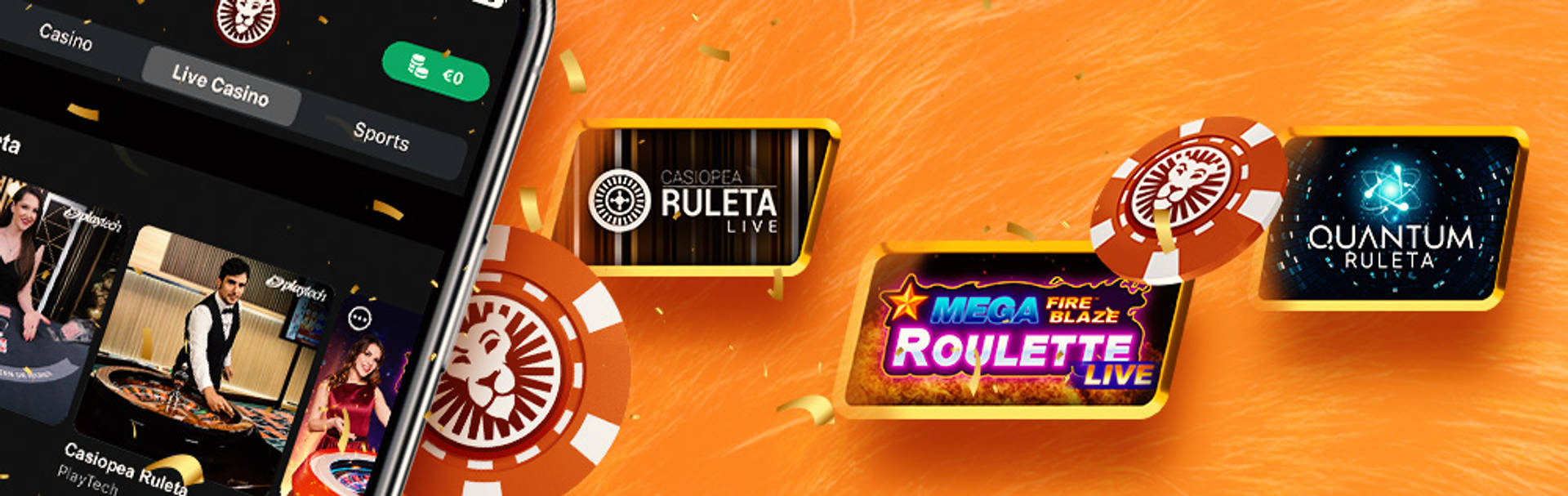 Móvil mostrando juegos de Casino en Vivo, incluyendo Ruleta y fichas.