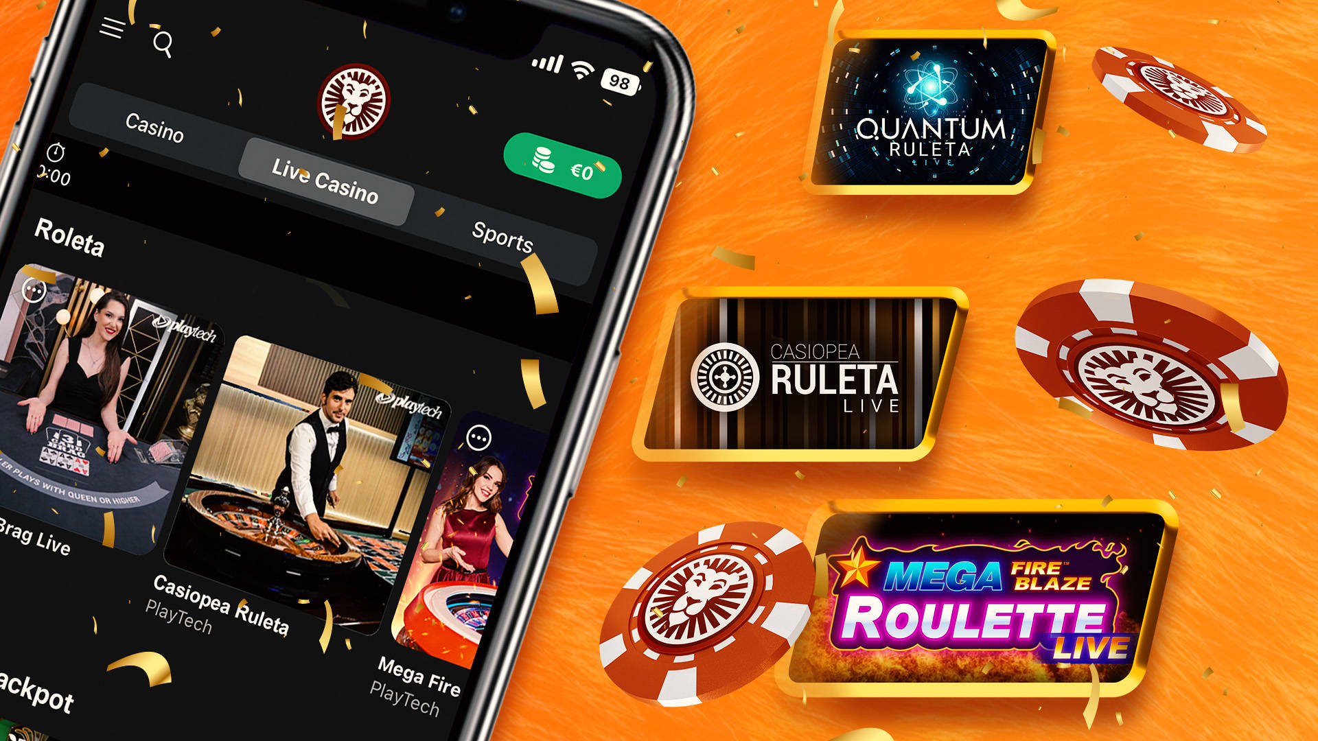 Móvil mostrando juegos de Casino en Vivo, incluyendo Ruleta y fichas.