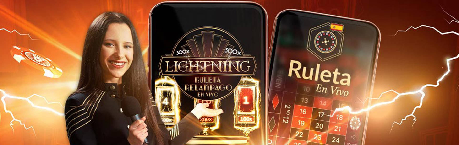Mujer presentando Ruleta Relámpago en Vivo en un móvil. Incluye Ruleta En Vivo en otro móvil.