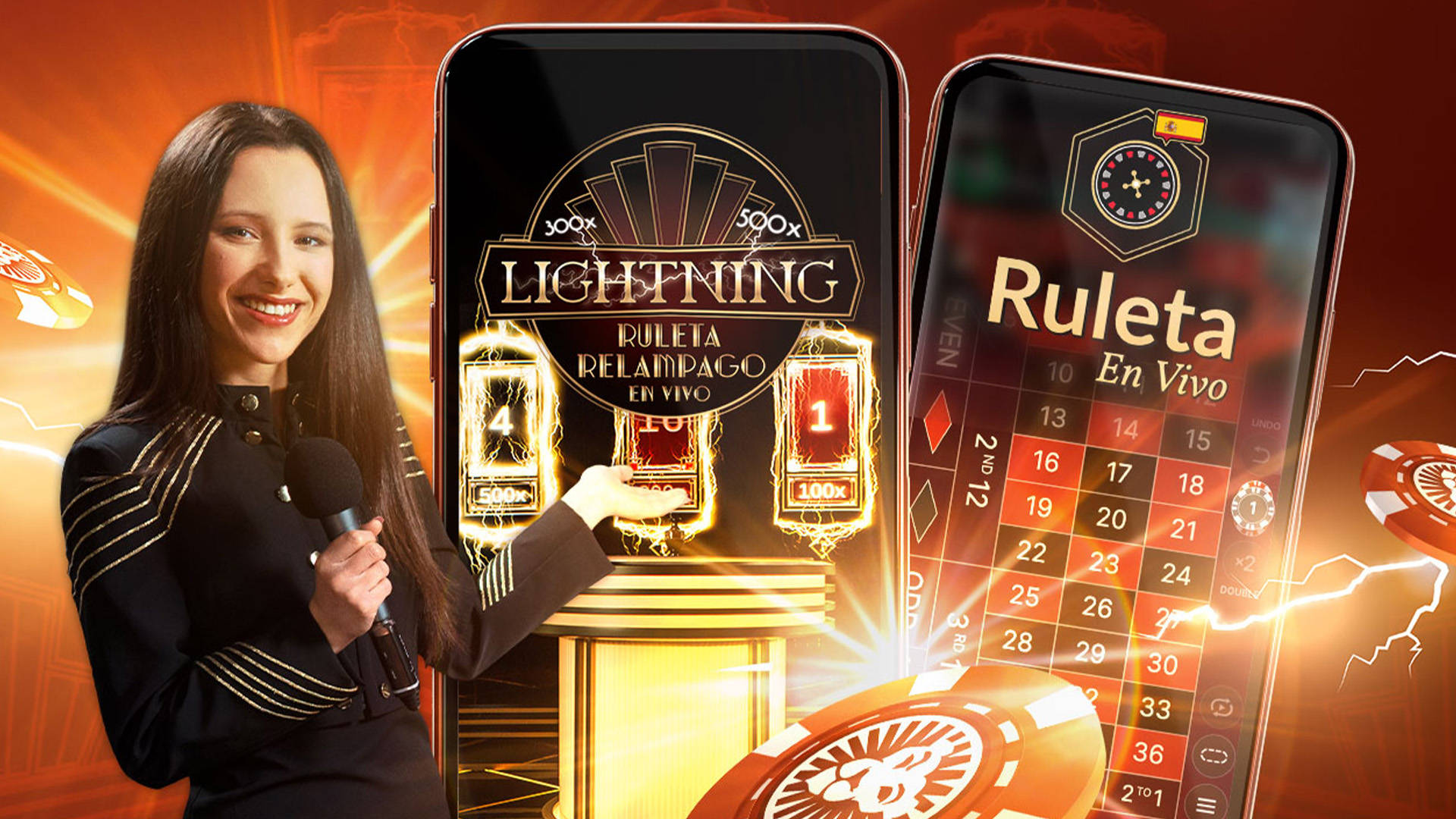 Mujer presentando Ruleta Relámpago en Vivo en un móvil. Incluye Ruleta En Vivo en otro móvil.