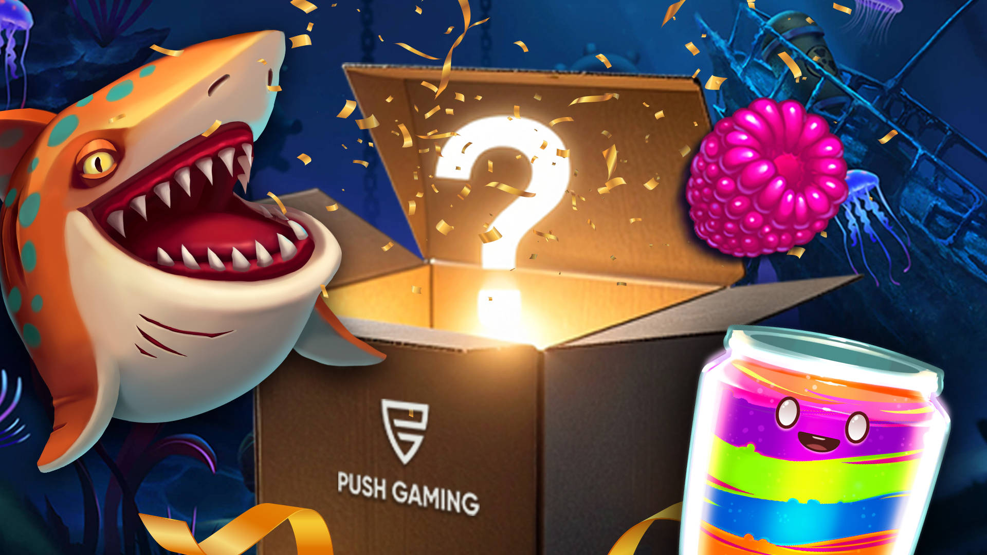 Tegneserieagtig haj, hindbær, krukke og en kasse med et spørgsmålstegn på.