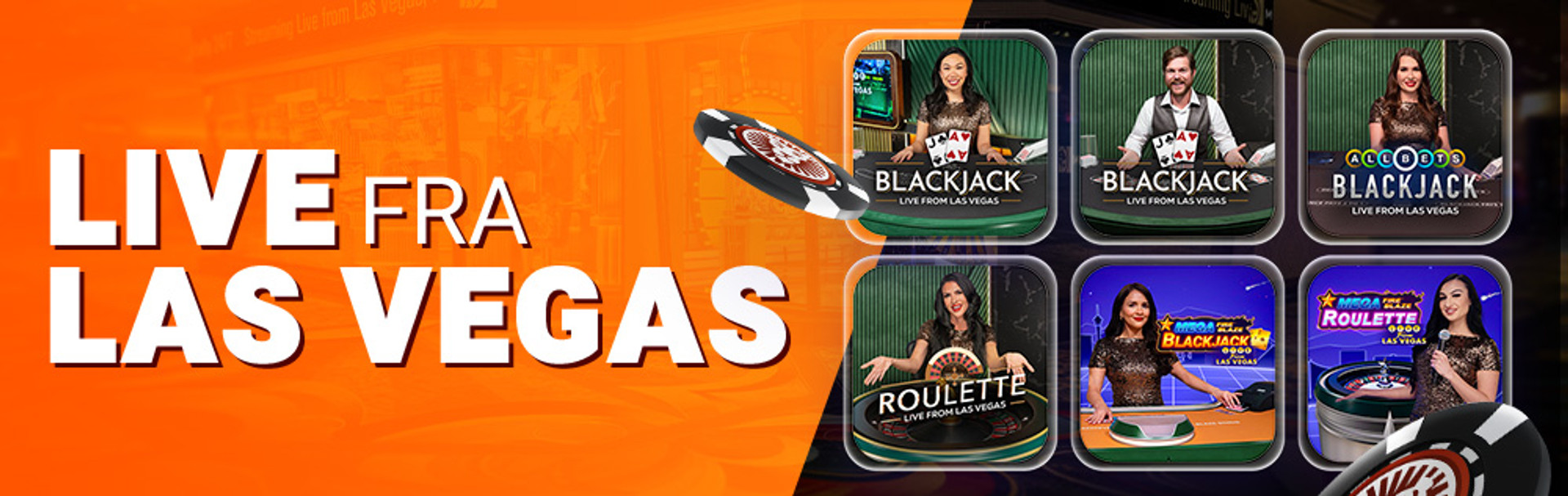 Live Casino spil med dealere, herunder Blackjack og Roulette, Live fra Las Vegas.
