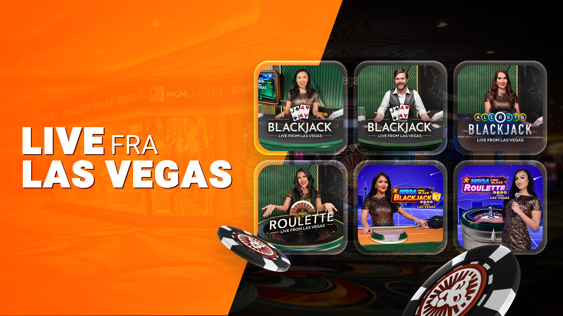 Live fra Las Vegas casinospil, herunder Blackjack og Roulette.