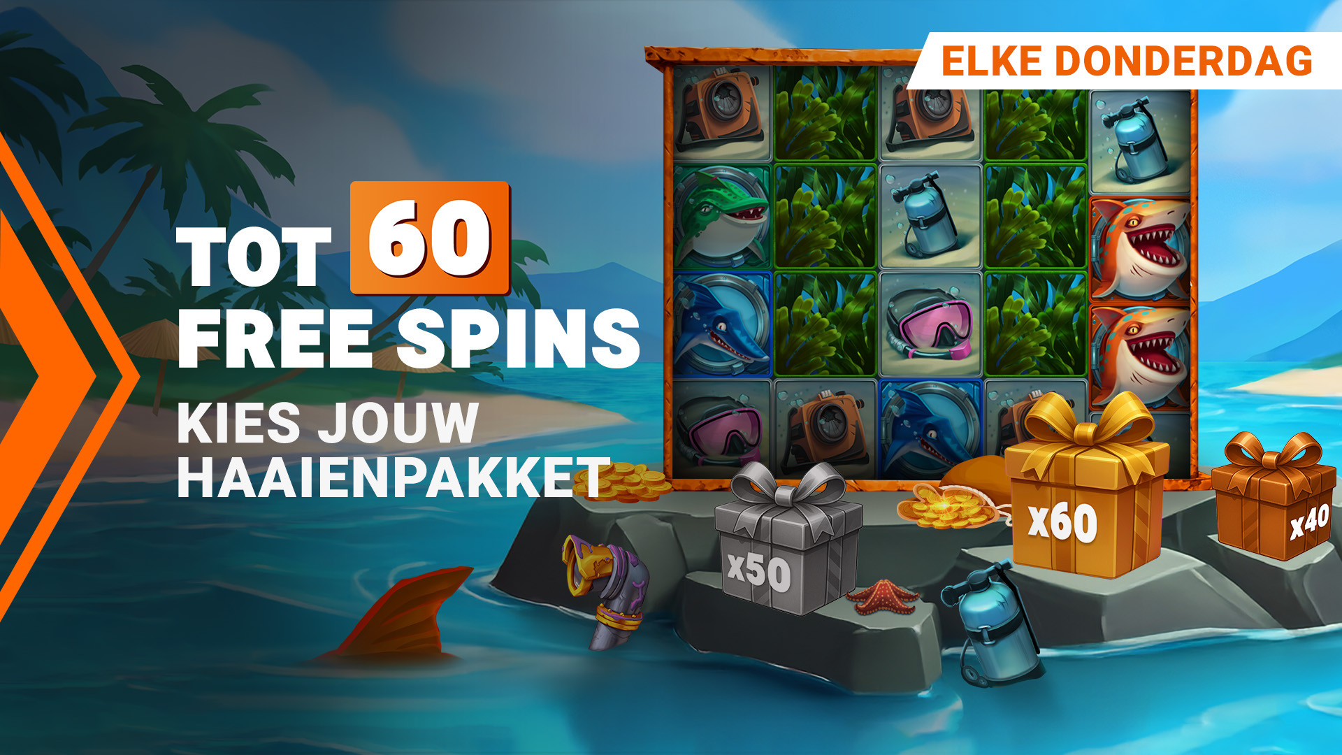 Tot 60 Free Spins op een slotspel met een haai-thema.