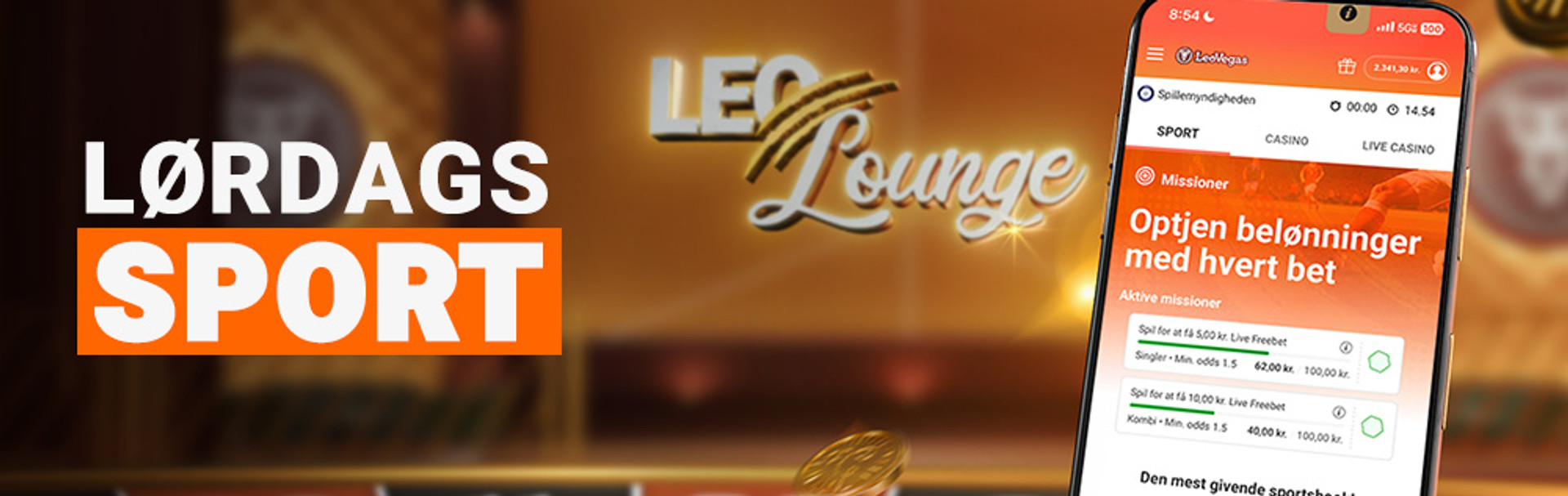 Lørdags Sport Lounge med Missioner og Live Freebet tilbud på LeoVegas app.