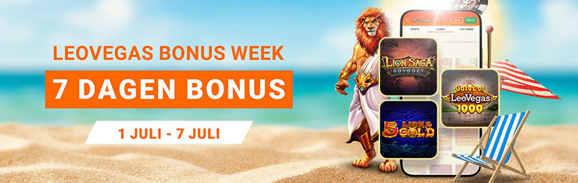 LeoVegas Bonus Week, 7 Dagen Bonus, 1-7 Juli, met spellen op een telefoon op het strand.