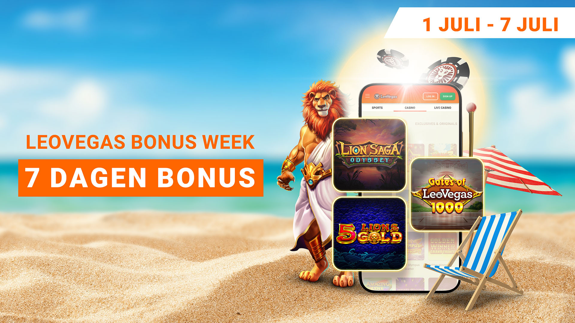 LeoVegas Bonus Week, 7 Dagen Bonus, 1-7 Juli, met spellen op een telefoon op het strand.