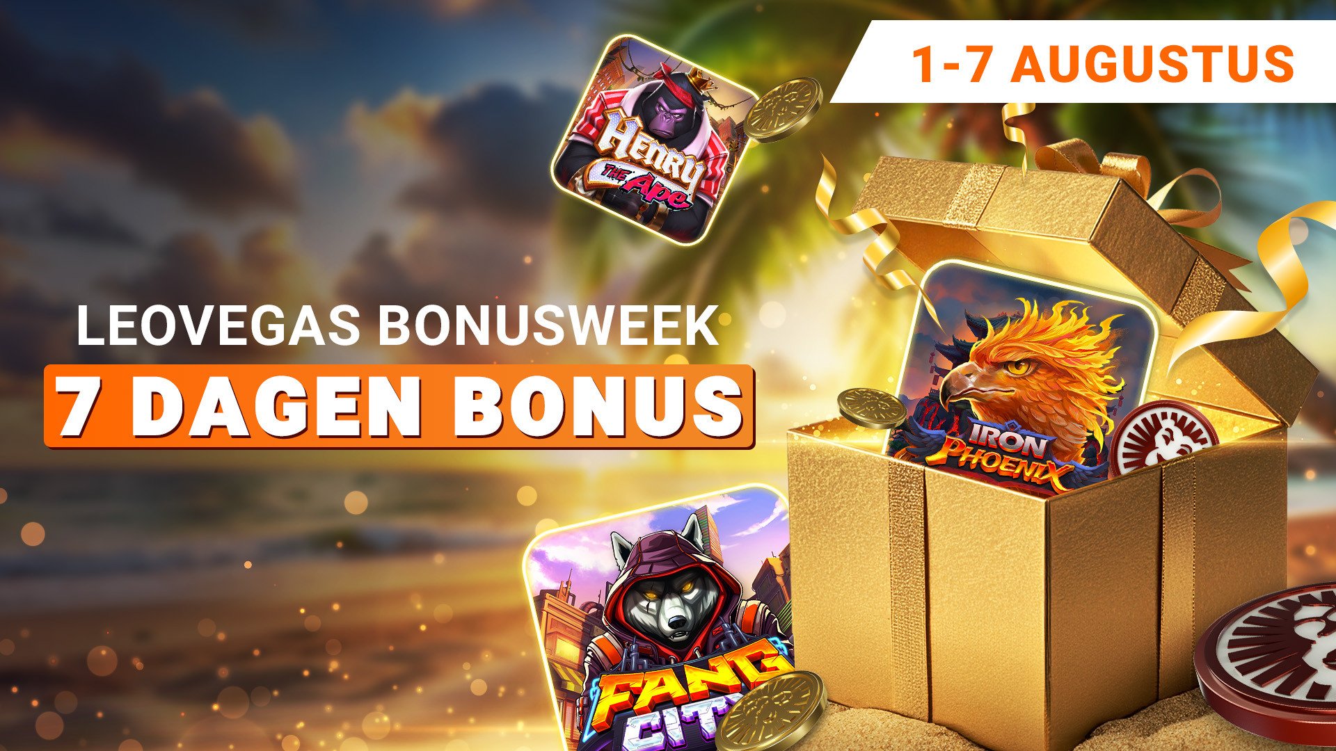 LeoVegas Bonus Week, 7 Dagen Bonus, 1-7 Augustus, met spelafbeeldingen en gouden geschenkdoos.