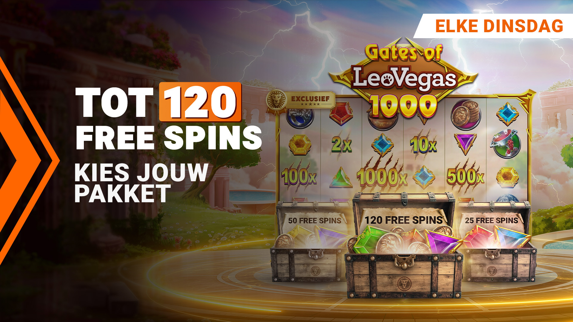 Elke dinsdag tot 120 Free Spins op Gates of ActionFun 1000. Kies jouw pakket.