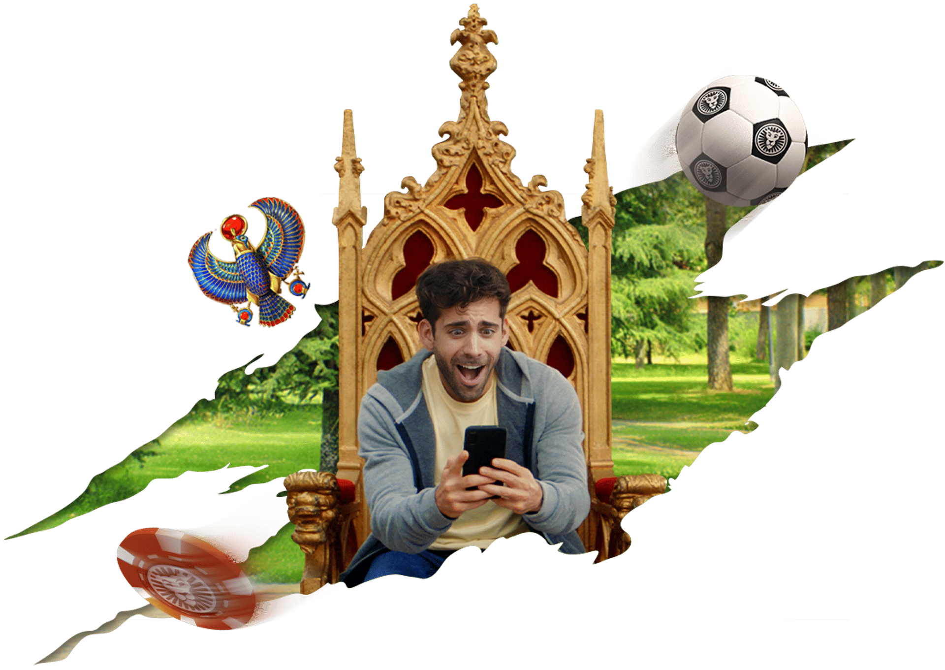 Hombre emocionado en un trono con un móvil, un balón de fútbol, una ficha de casino y un amuleto egipcio.