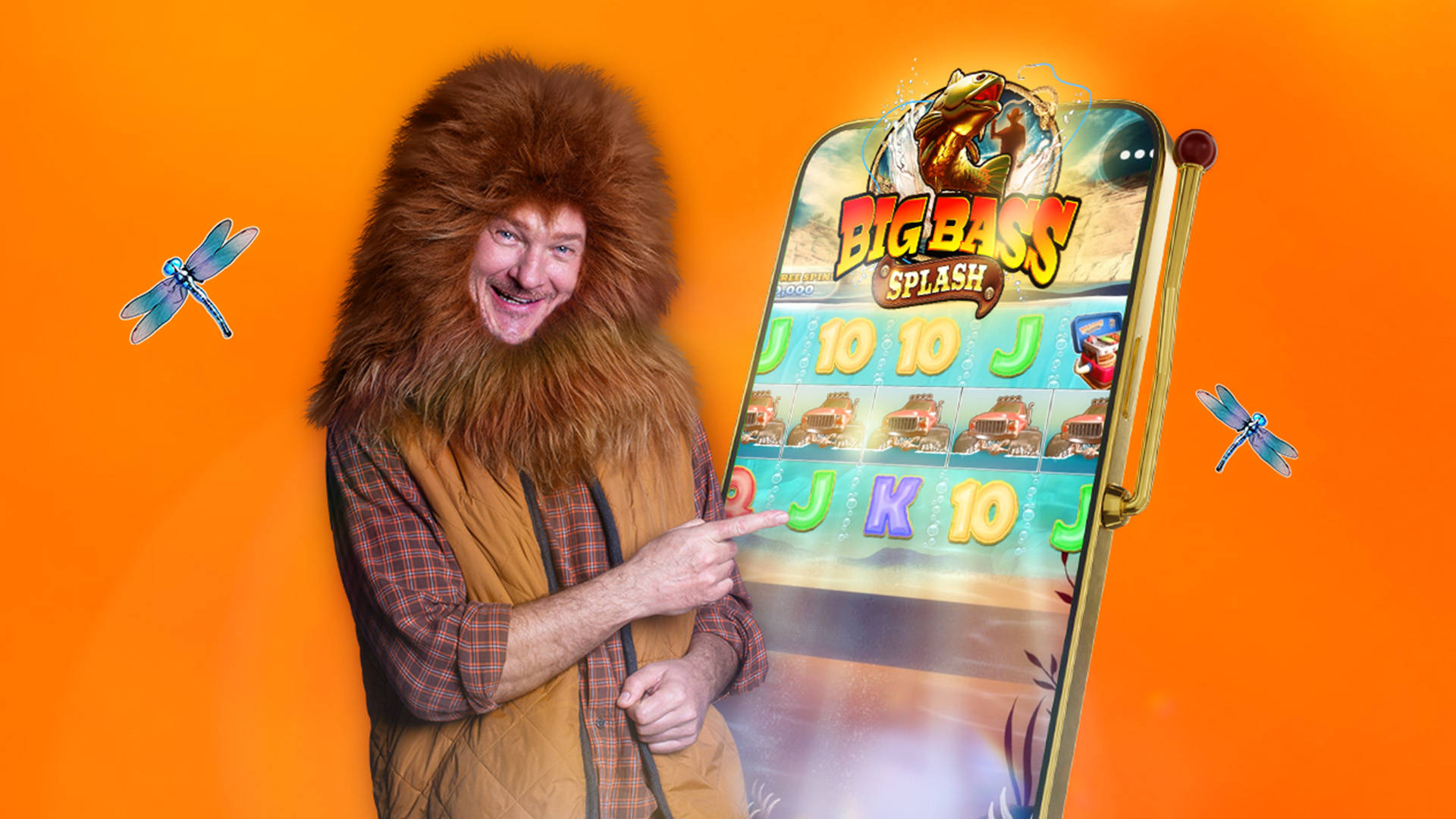 Kvinde med skæg og hjelm peger på Big Bass Splash spil.
