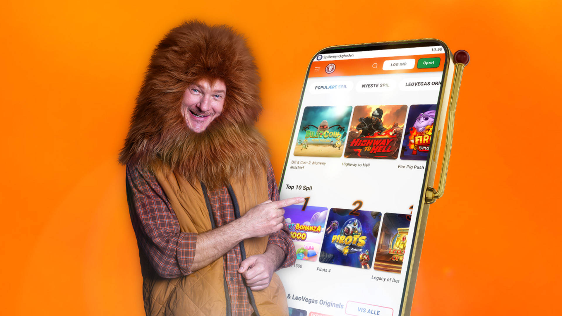 LeoVegas Casino Velkomstbonus reklame med en kvinde i løvekostume, en ørn og et mobilspil.