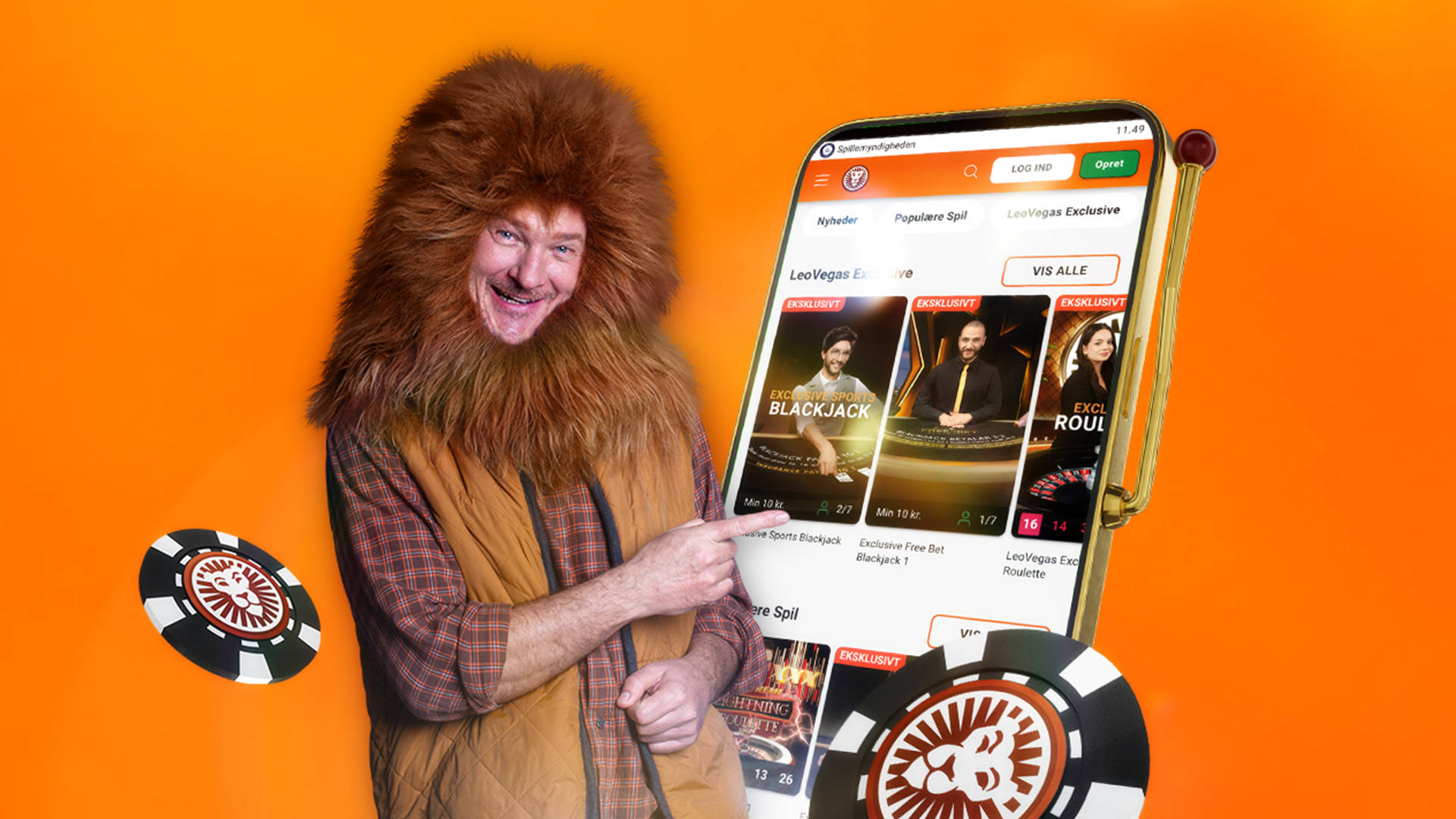 Velkomstbonus Live Casino med spil på mobiltelefoner og en kvinde, der peger.