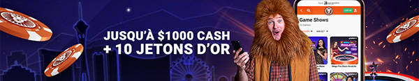 Offre de Bienvenue Casino en Direct jusqu'à 1 000 $ et 10 Jetons d'Or sur un appareil mobile.