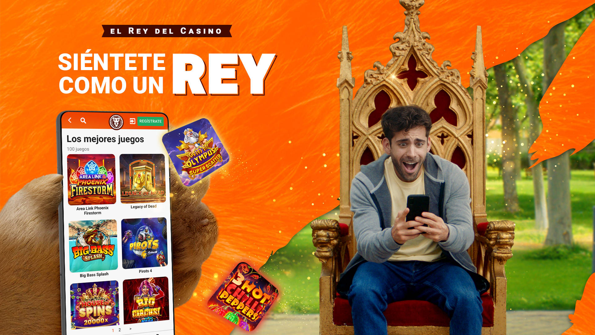 Hombre en trono mirando juegos en el móvil; "Siéntete como un Rey" y juegos como Big Bass Splash.