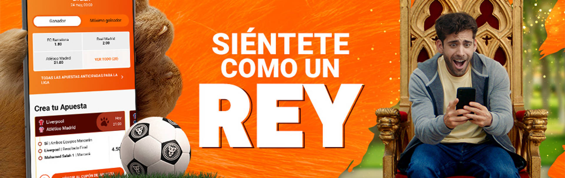 Hombre celebrando con app de apuestas deportivas en móvil y texto "El Rey de las Apuestas".